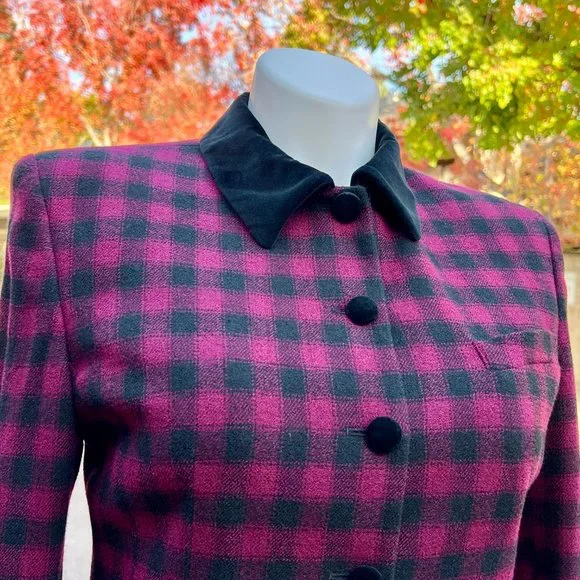 Vintage Jones New York Velvet Trim Plaid Lined Wool Skirt Suit Size 14 - Picture 4 of 13